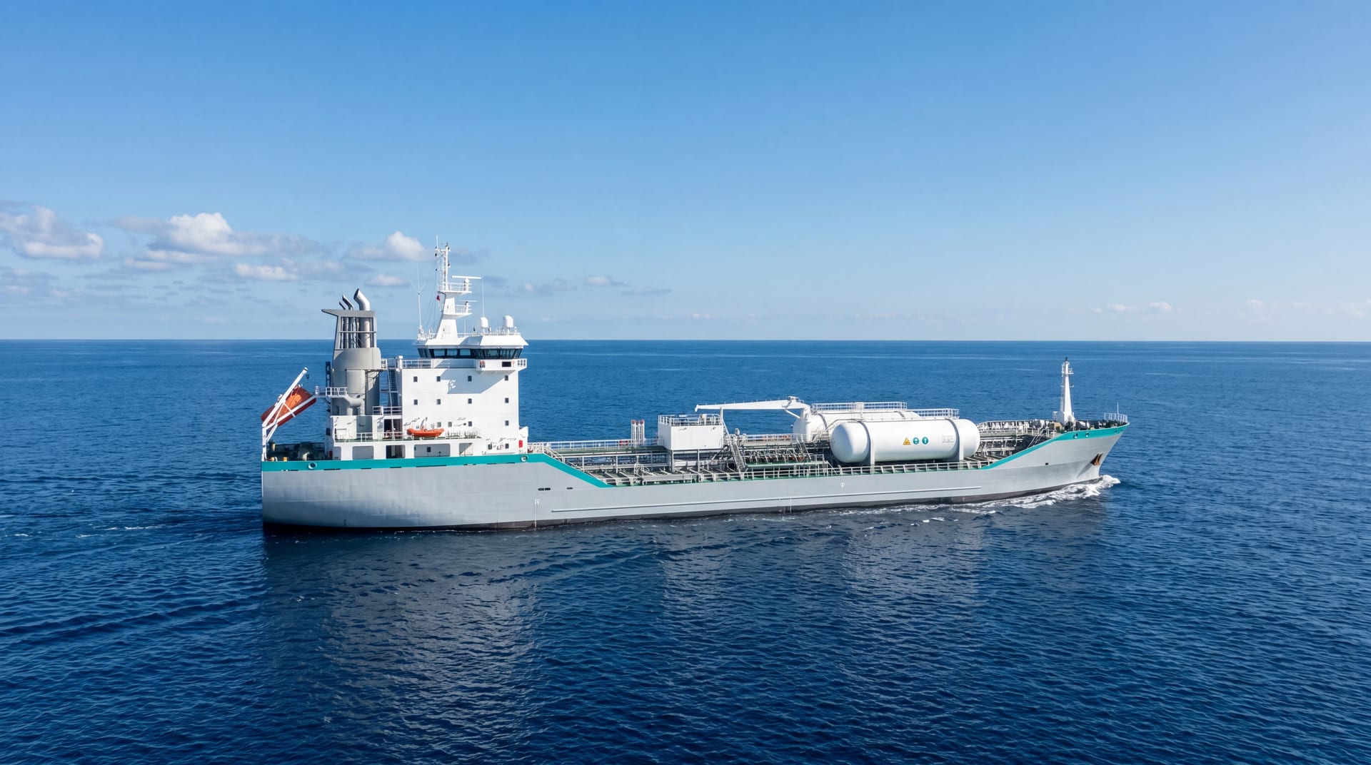 Modern environmentally compliant tanker underway in deep blue ocean, prominent scrubber stack and cylindrical methanol fuel tanks on deck