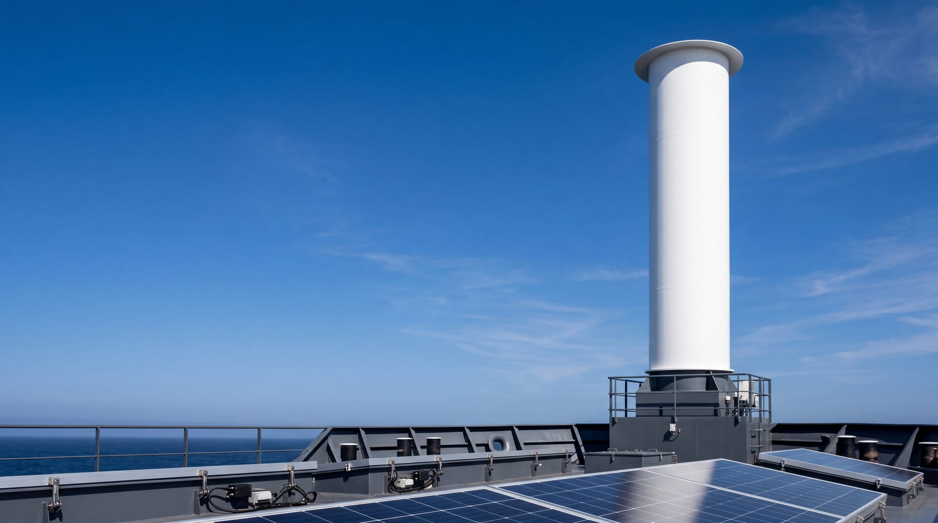 Single tall white cylindrical rotor sail rising from a modern vessel deck against a clear blue sky, solar panels on hatch covers below