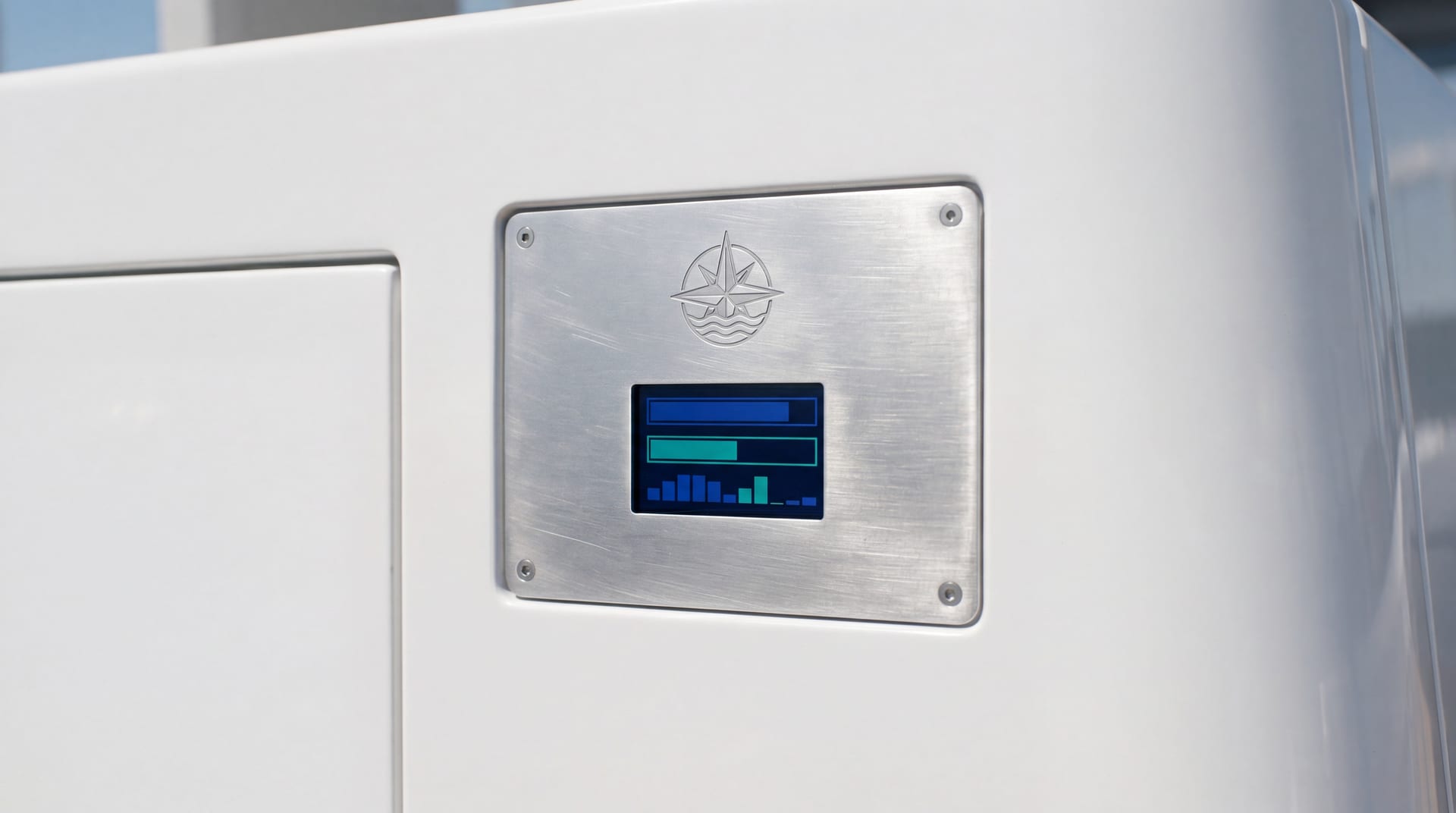 Brushed-aluminum compliance plate mounted flush on a vessel's white painted superstructure, subtle embedded LCD readout in cobalt and teal
