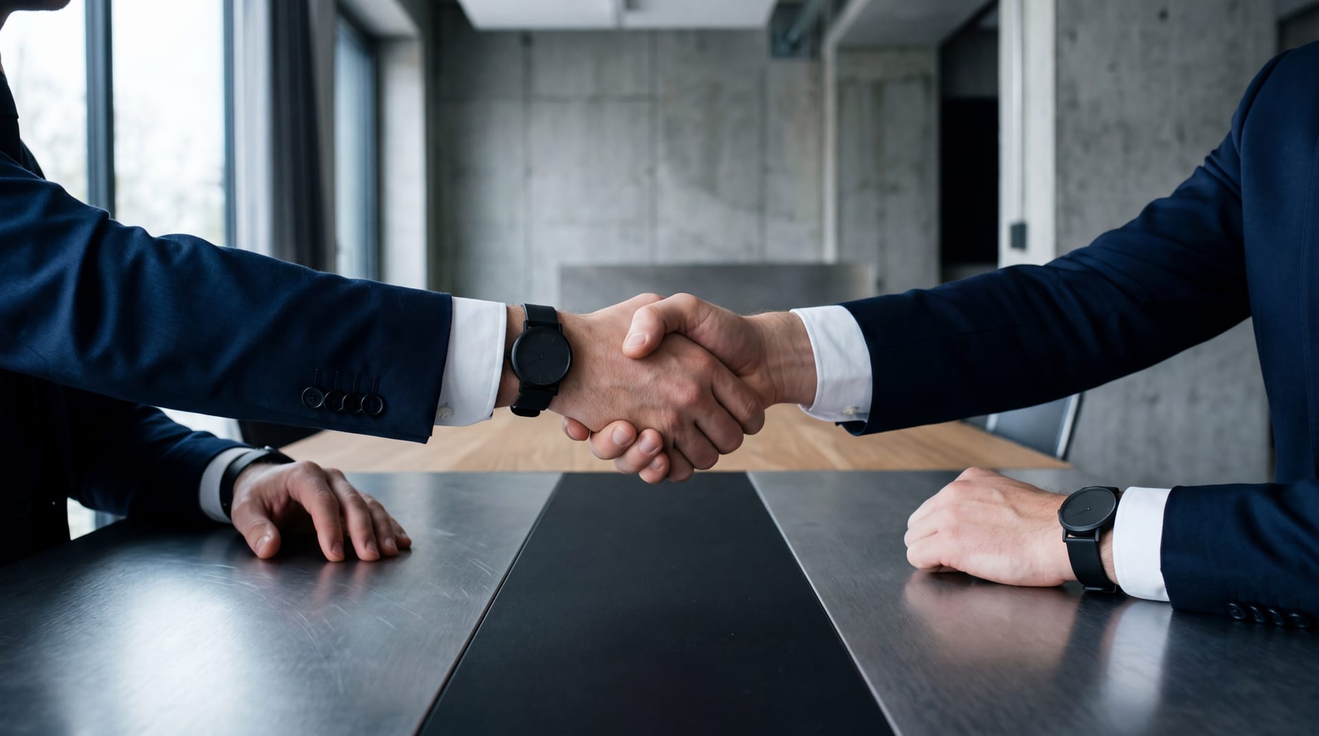 Handshake across a brushed-steel and matte-black conference table, navy suit cuffs with crisp white shirt, polished concrete background