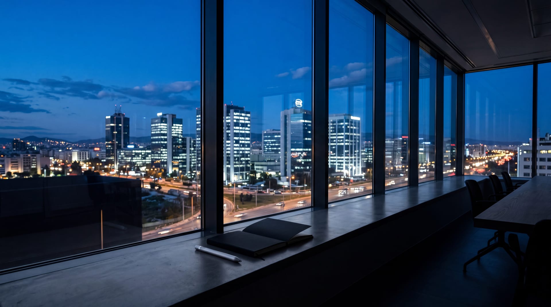 Contemporary Athens financial district skyline at blue hour seen through a tall glass wall, matte-black notebook and stylus on polished concrete sill