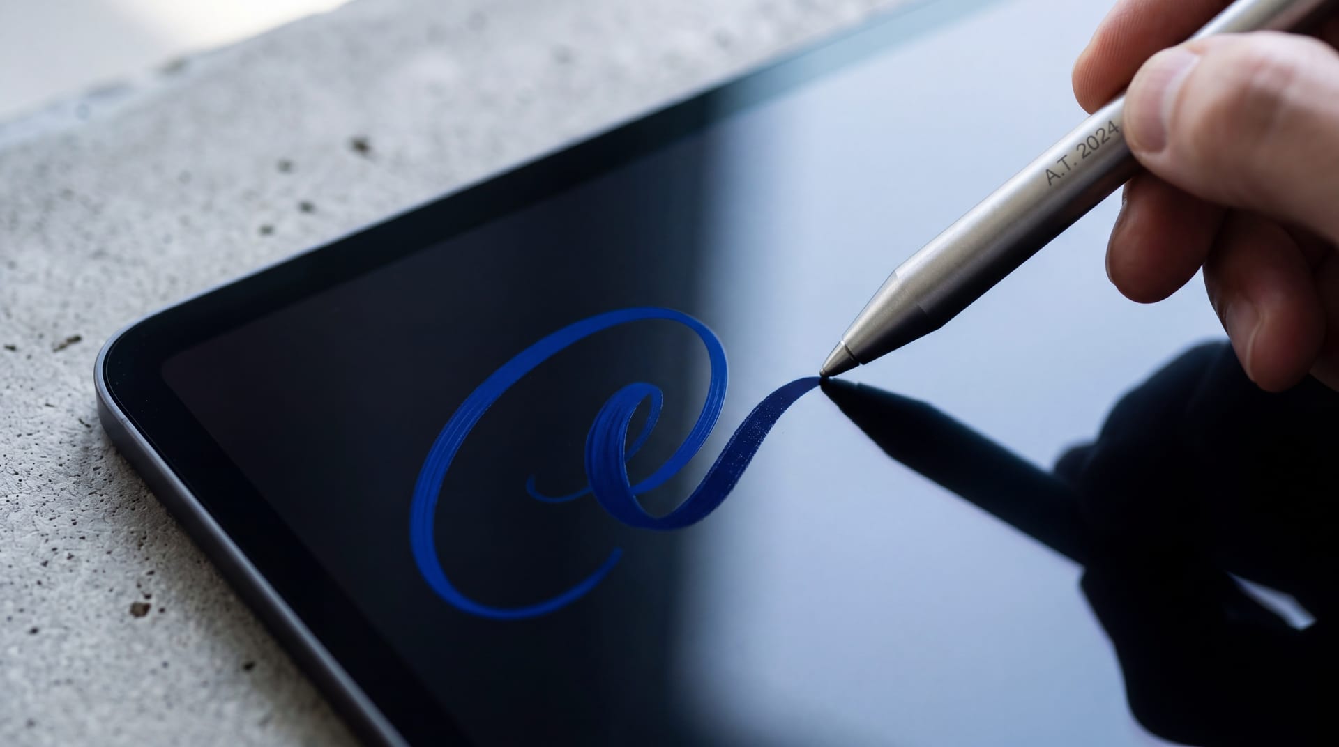 Brushed-aluminum stylus drawing a single cobalt-blue curl on a tablet screen, polished concrete surface alongside