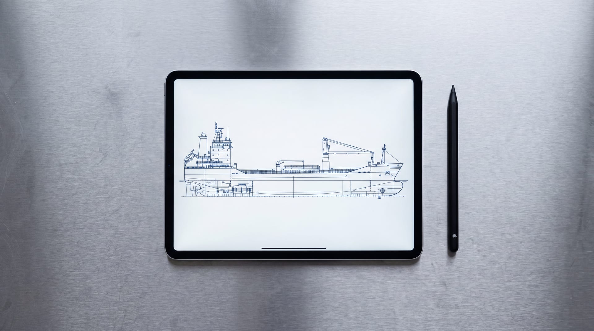 Ship general arrangement drawing on an iPad, brushed-steel drafting surface, Apple Pencil placed beside it
