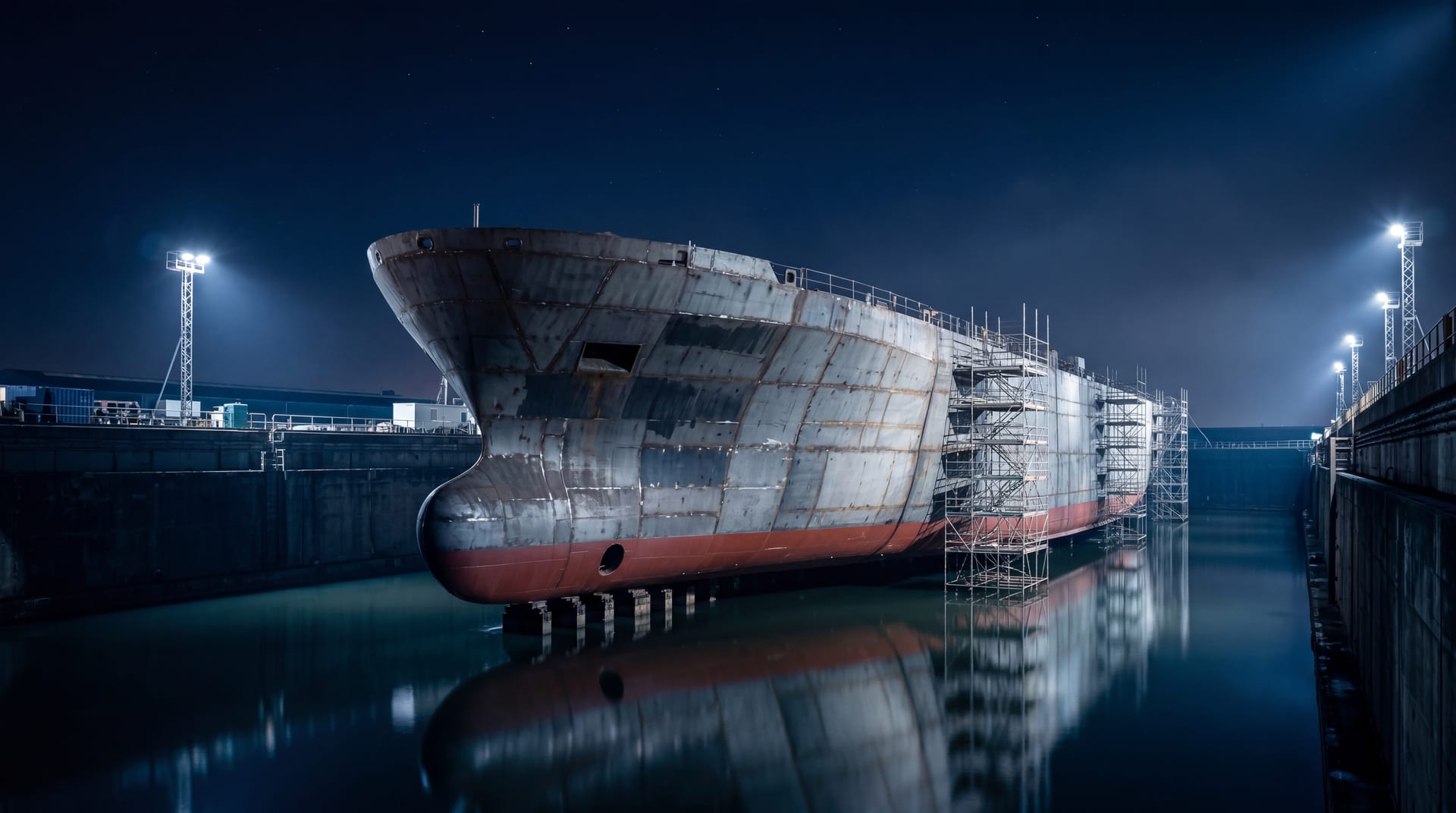 Bare steel hull inside a flooded dry dock at night, cool LED work lights, geometric scaffolding