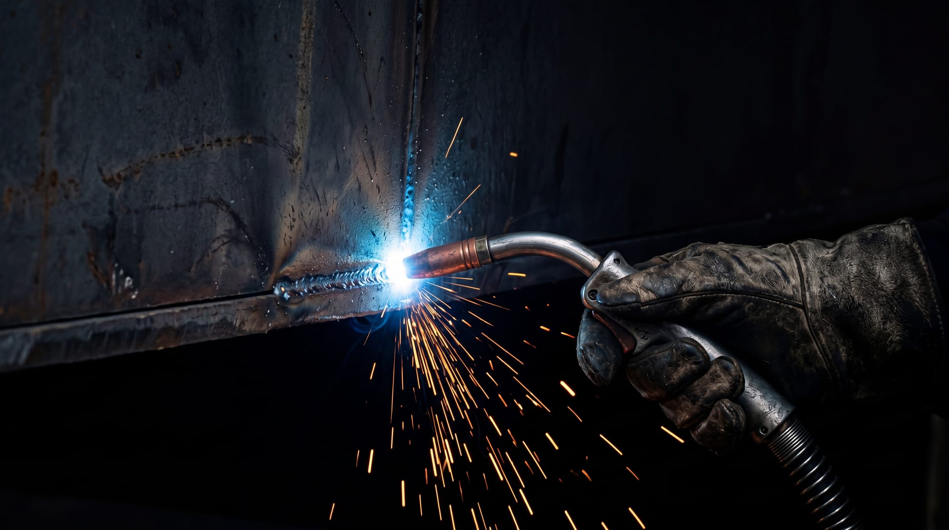 Welder's gloved hand holding a torch against a steel hull plate, brilliant blue arc light, deep industrial shadow