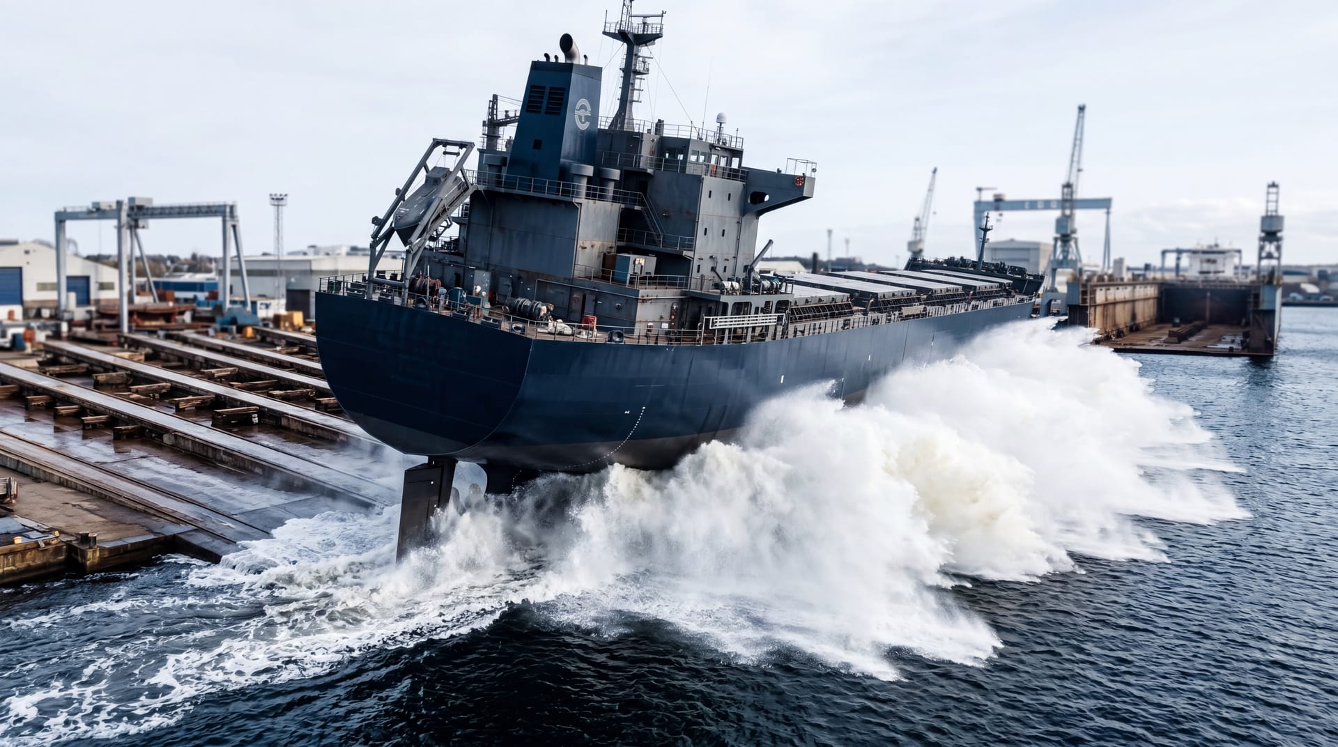 Freshly built bulk carrier sliding down the slipway, massive splash of white foam alongside the navy hull