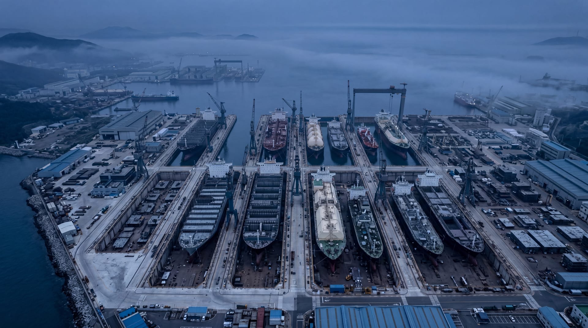 Aerial view at dawn of a major Korean shipyard, grid of dry docks with hulls in construction, gantry cranes in parallel rows