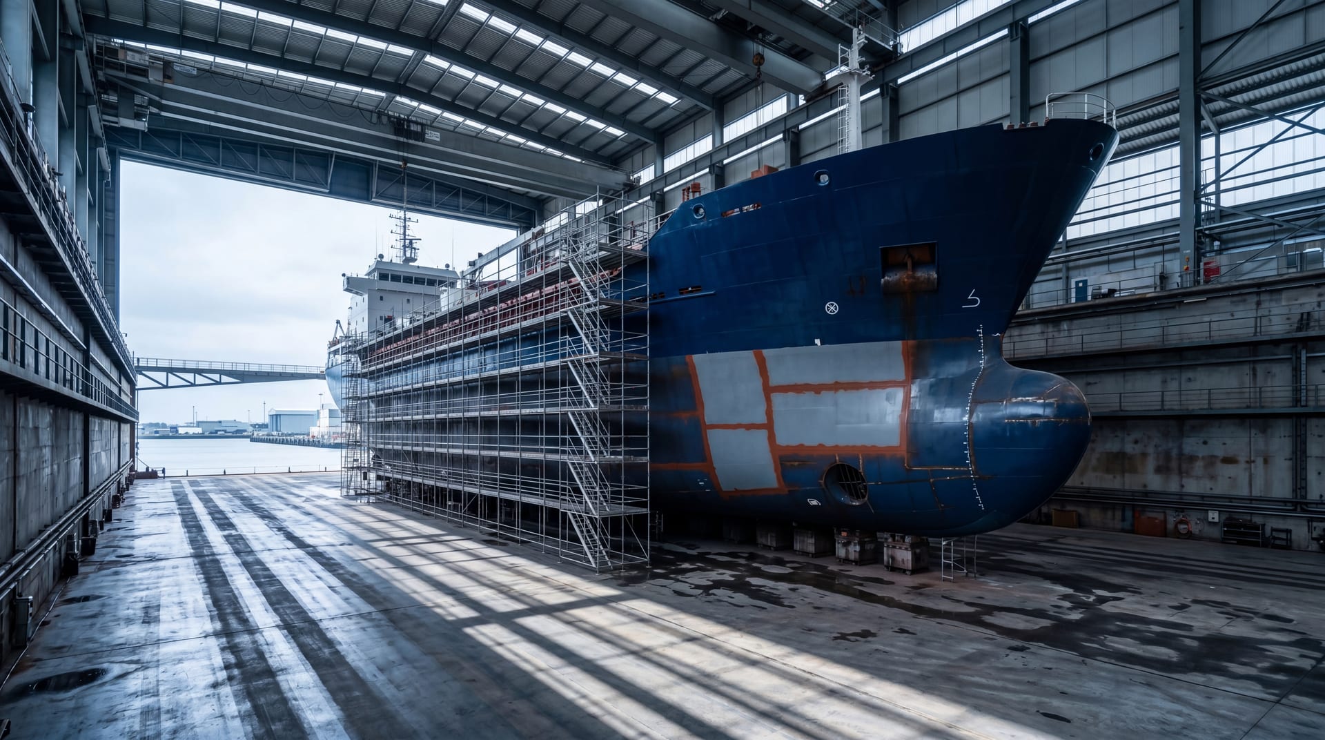 Bulk carrier inside a covered dry dock, modular scaffolding grid climbing the hull, cool daylight through the dock ends