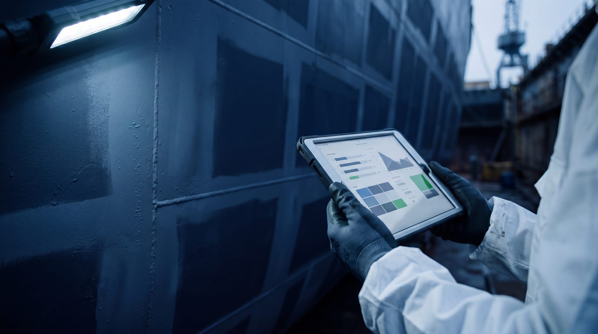Engineer's gloved hand holding an iPad against a freshly primed hull plate, cool LED work light, deep industrial shadows
