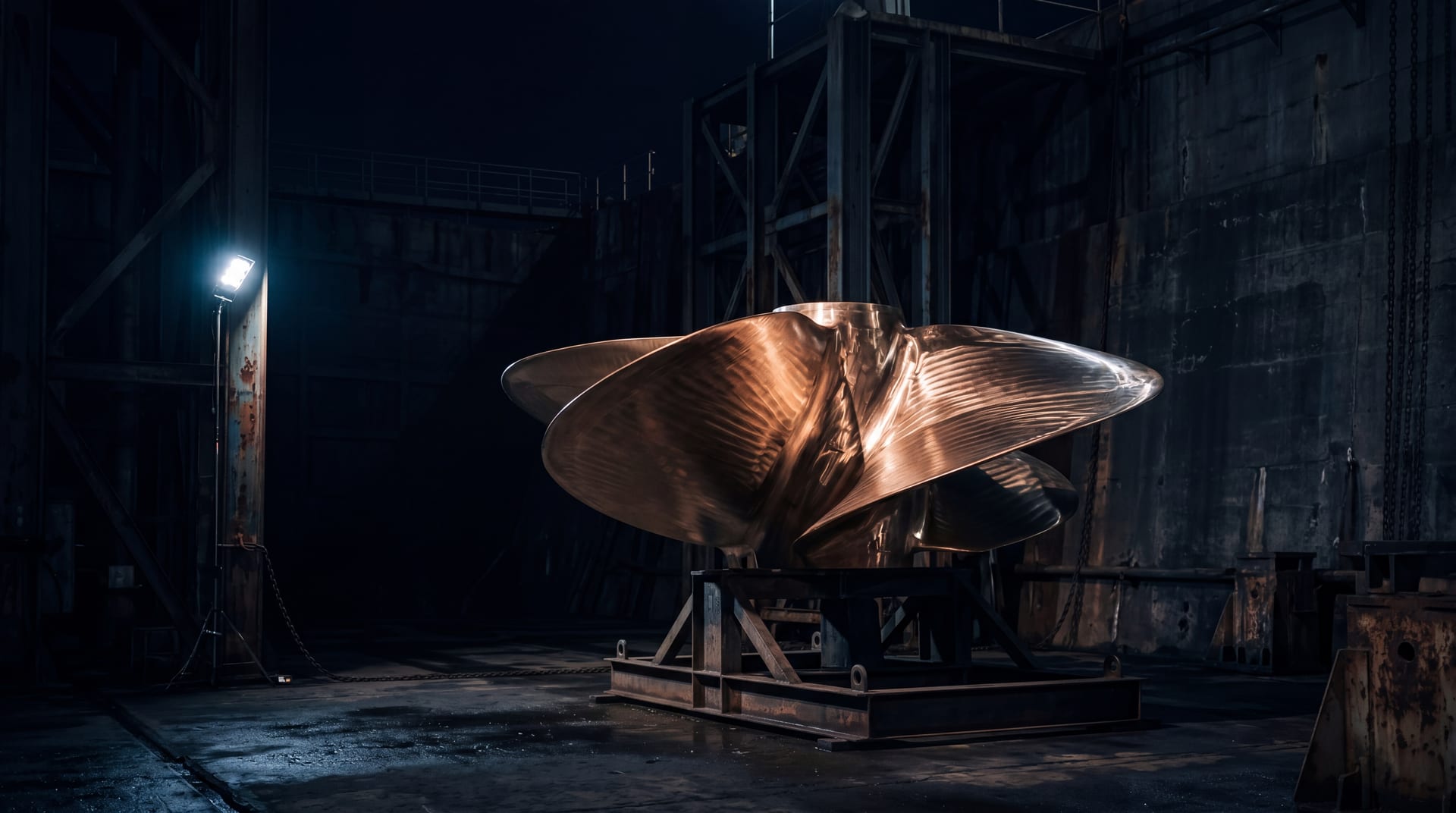 Massive polished bronze ship propeller in dry dock, cool LED spotlight on the blade geometry, deep dock shadows behind