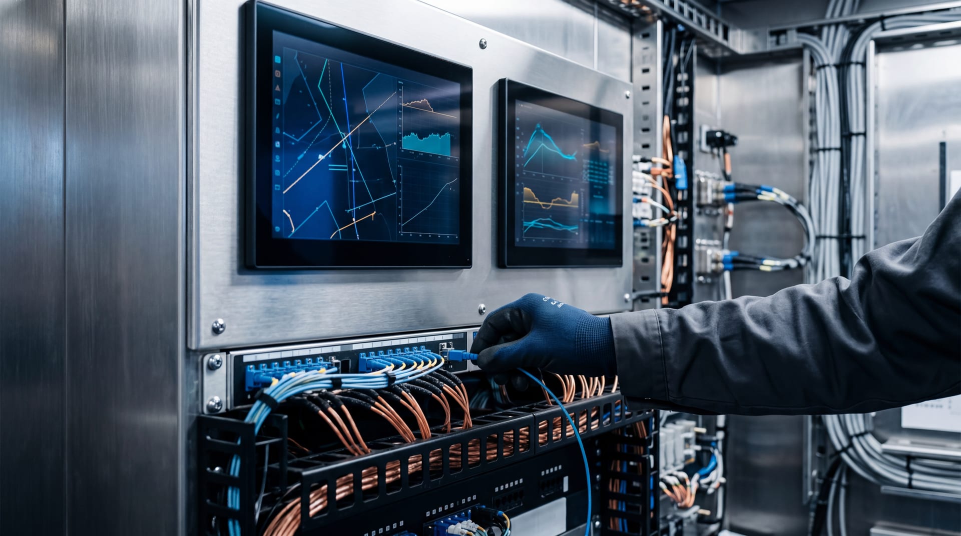 Modern thin-bezel bridge screens being installed, instrument rack with fibre optic cables in cable trays, gloved engineer hand connecting a lead