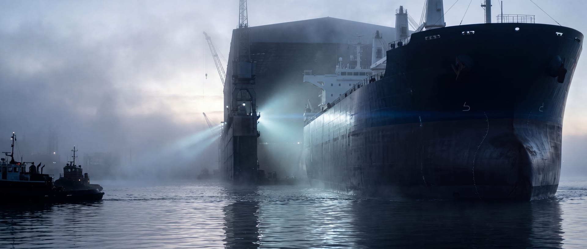 Freshly refurbished vessel emerging from a covered graving dock at dawn, volumetric light shafts piercing through the mist