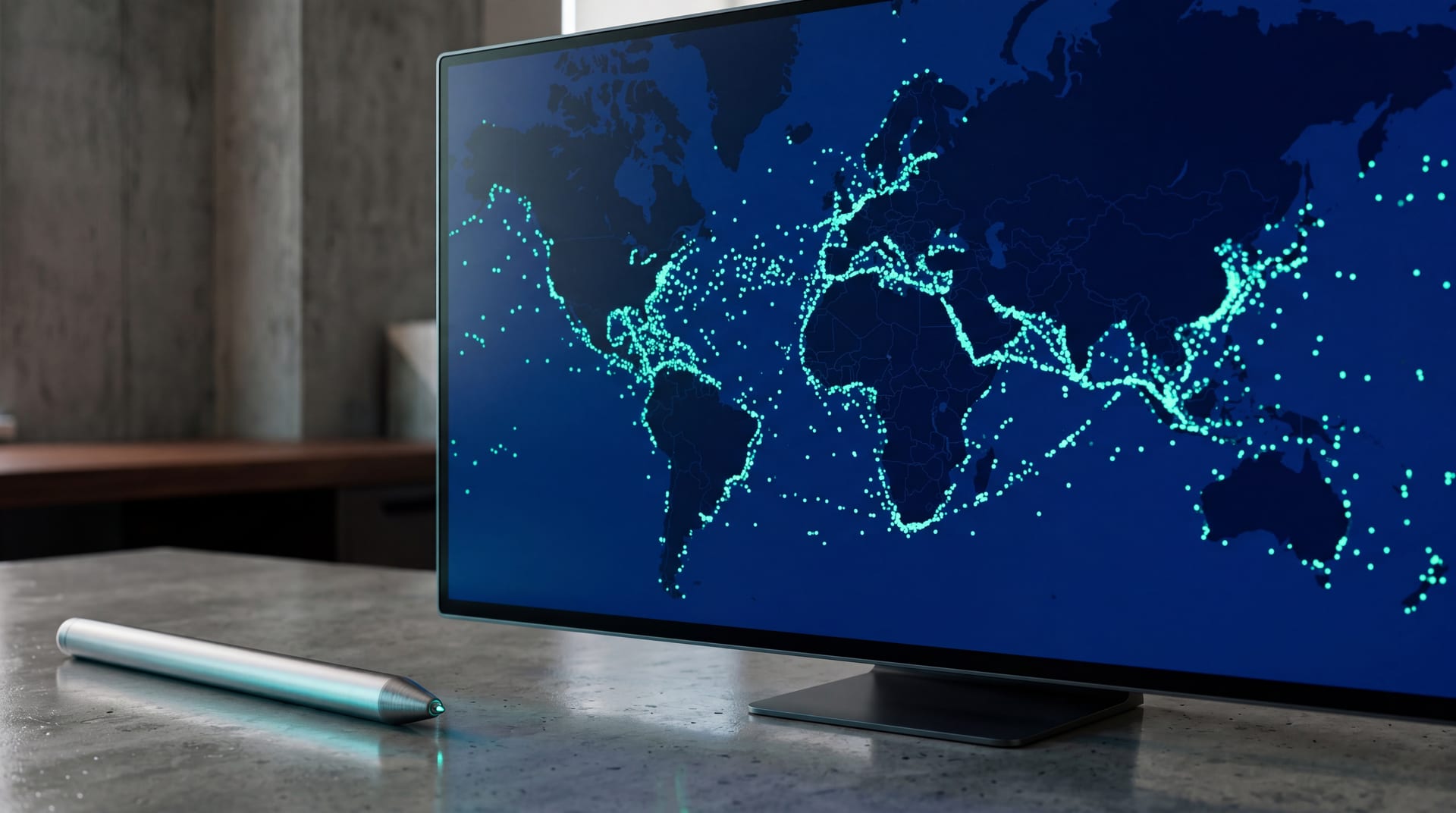 Large thin-bezel monitor showing a vessel-tracking AIS world map, hundreds of teal dots representing vessels at sea on a deep cobalt background