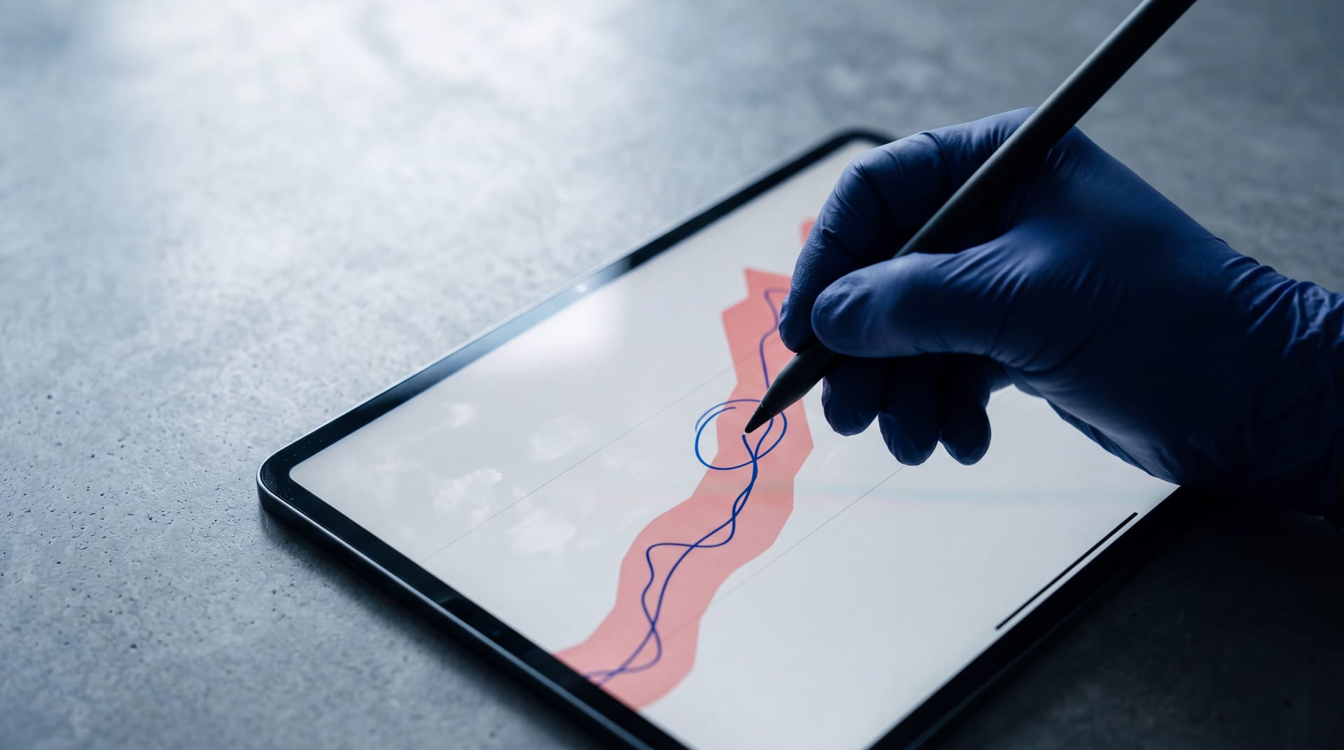 Gloved hand annotating an abstract freight rate chart on an iPad with an Apple Pencil, blue trend line and red volatility band