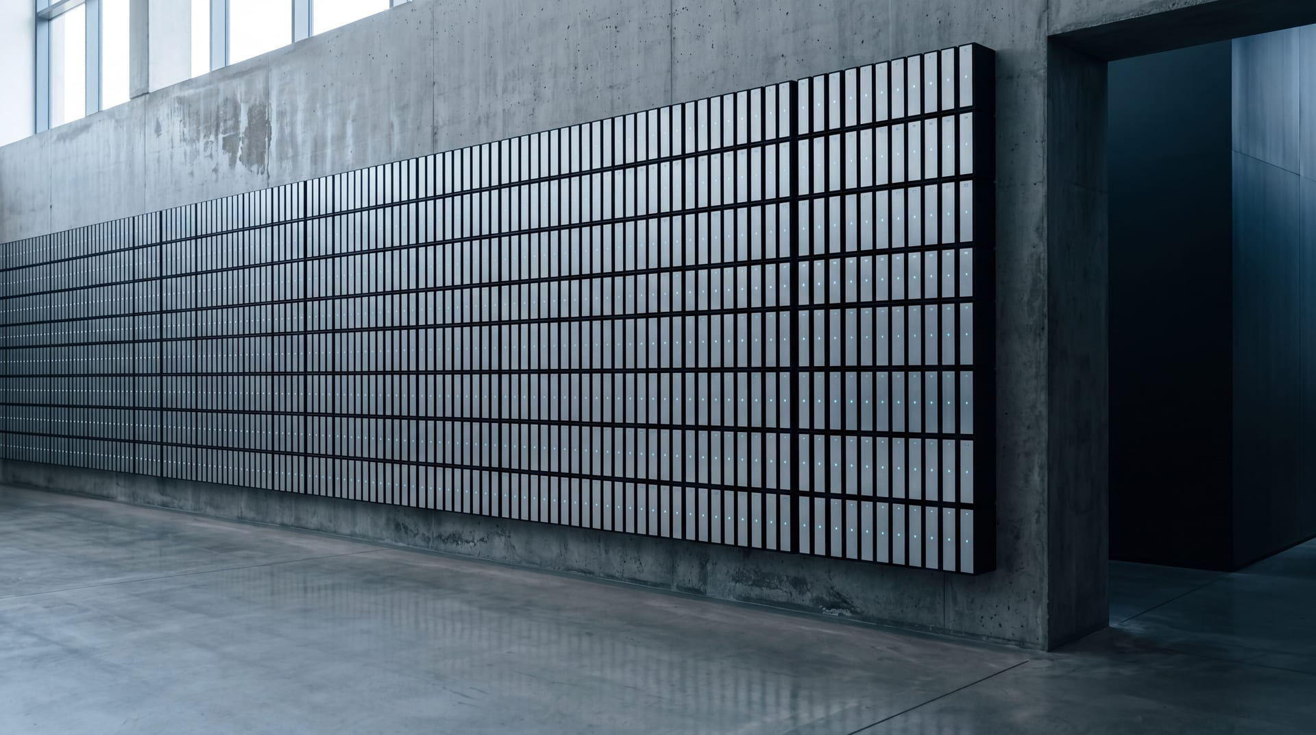Wall of identical thin matte-black storage units in a geometric grid on a polished concrete wall, cool cyan LED indicator dots