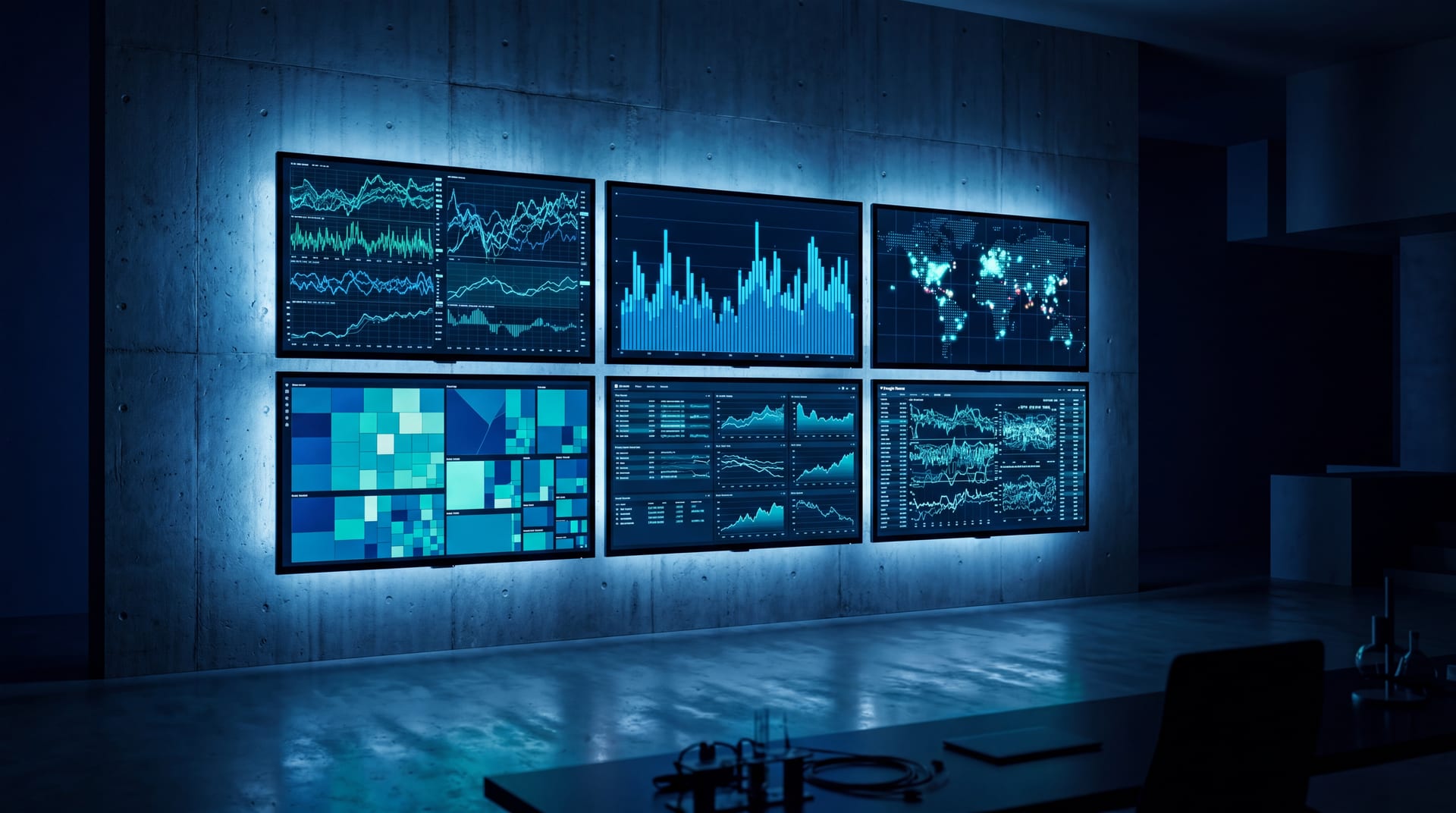 Six thin-bezel LCD monitors in a grid on a polished concrete wall, each displaying a different abstract market dashboard in cobalt and teal