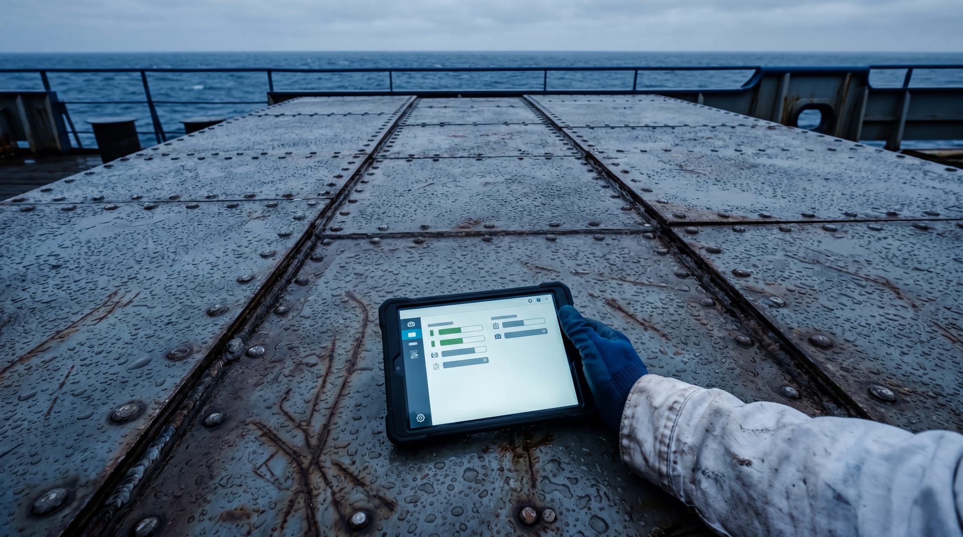 Surveyor's gloved hand over a wet steel deck plate at dawn, inspection tablet in hand