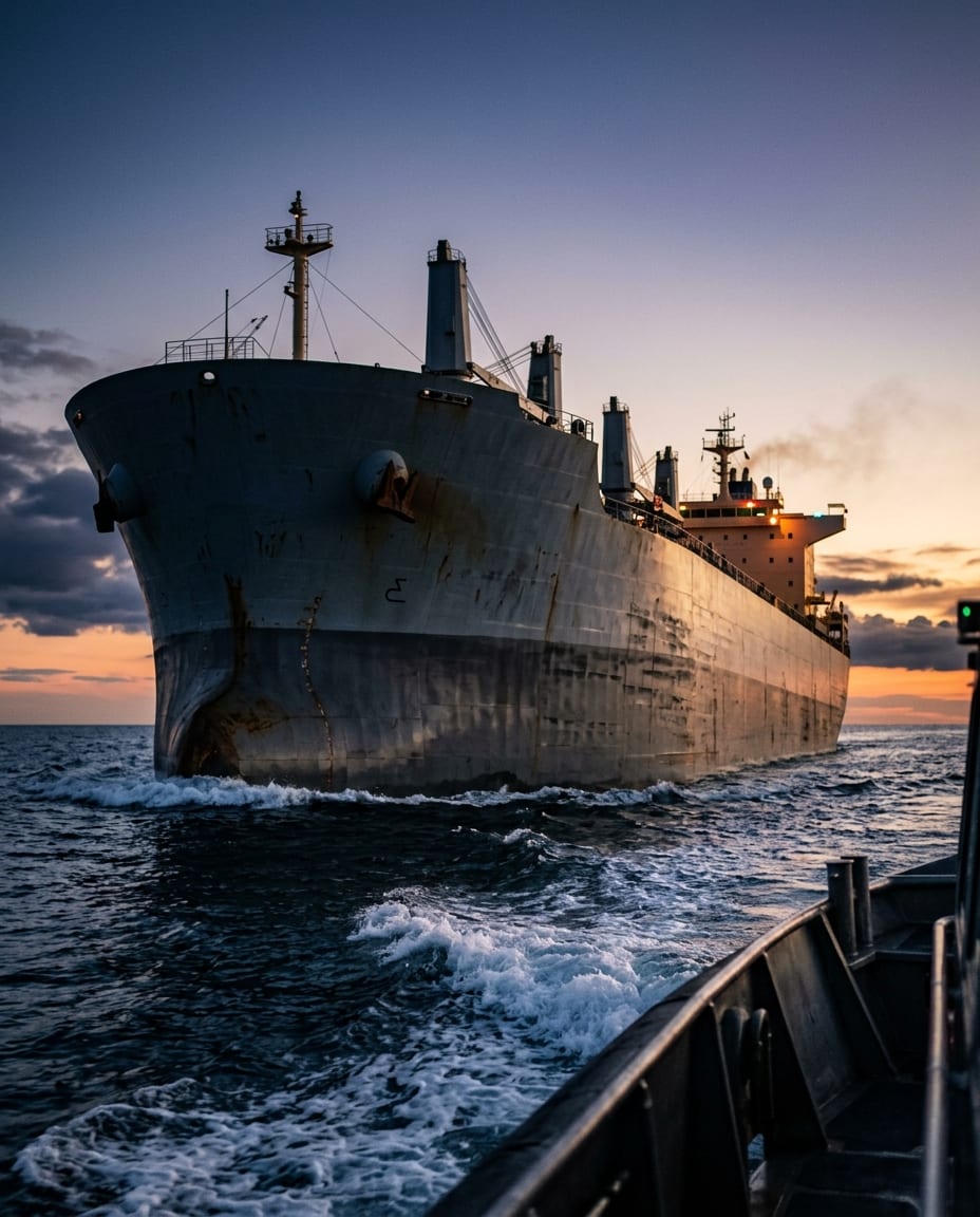 A Kamsarmax bulk carrier at dusk, seen bow-on from a pilot boat at sea level