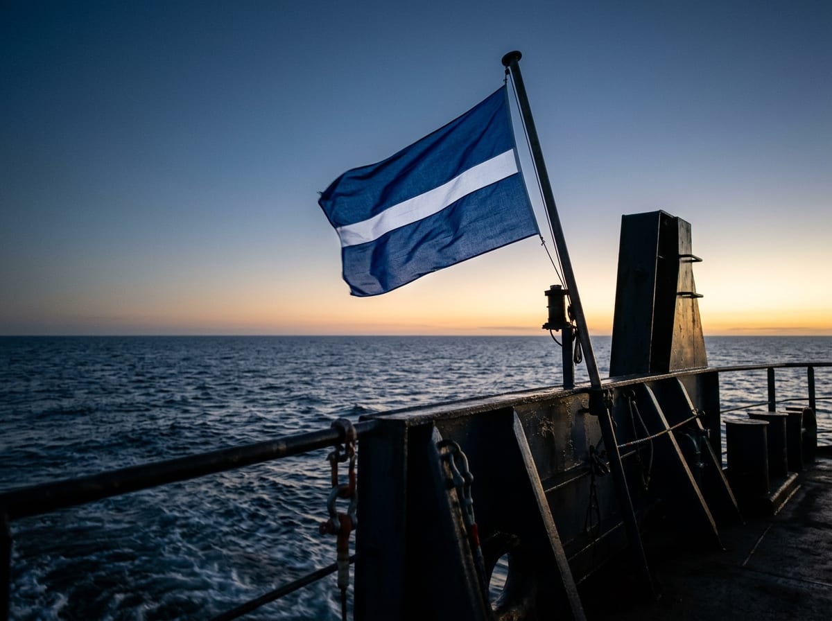 A fresh ship ensign raised on the stern jackstaff at sea-trial dusk