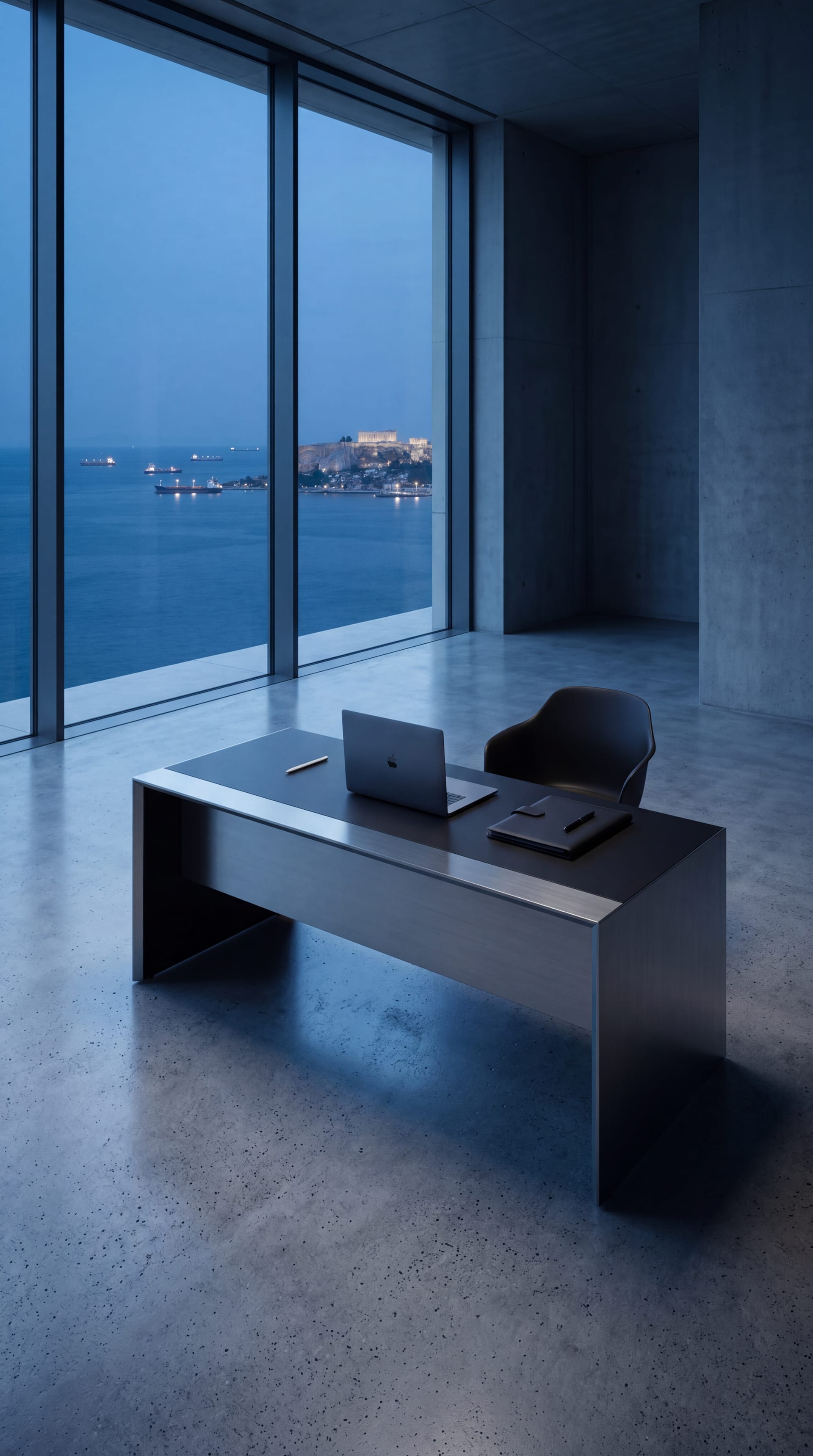 The Athens desk at blue hour, Acropolis and harbour through the glass