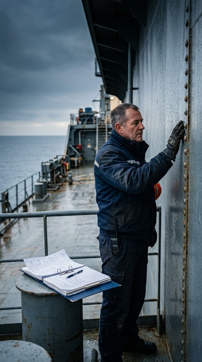 A ship surveyor at the rail of a bulk carrier, gloved hand on the steel hull, class-record binder open on a bollard