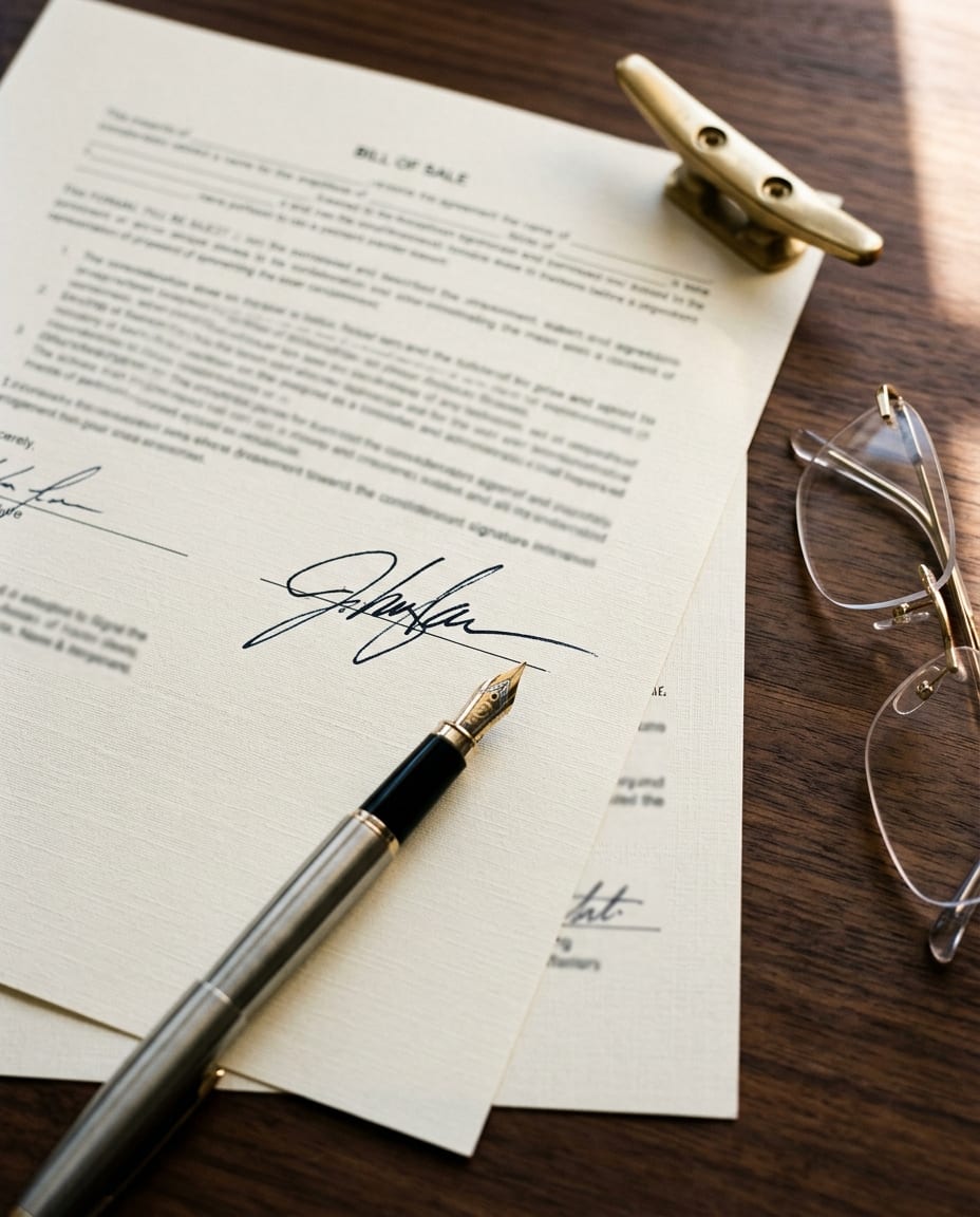 Signed Bill of Sale on a walnut desk with a fountain pen and brass cleat paperweight