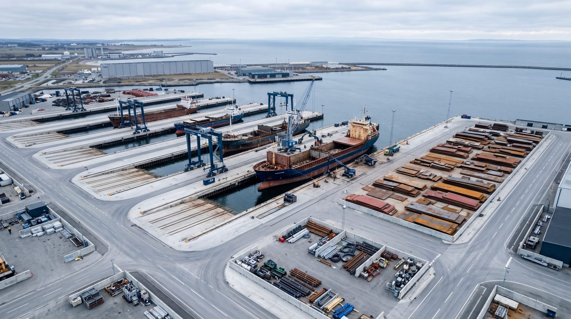 Aerial of a modern compliant ship recycling facility, geometric grid of dismantling slipways, sorted steel piles