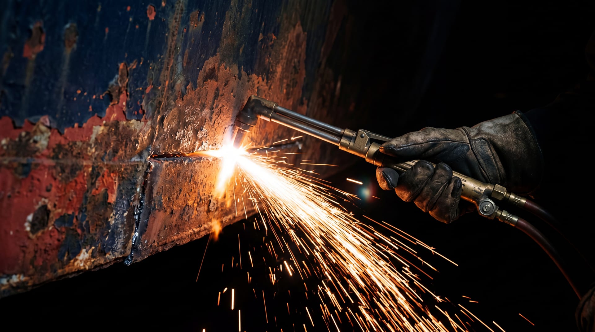 Gloved hand holding an oxy-acetylene cutting torch against a weathered steel hull plate, cascading white-orange sparks