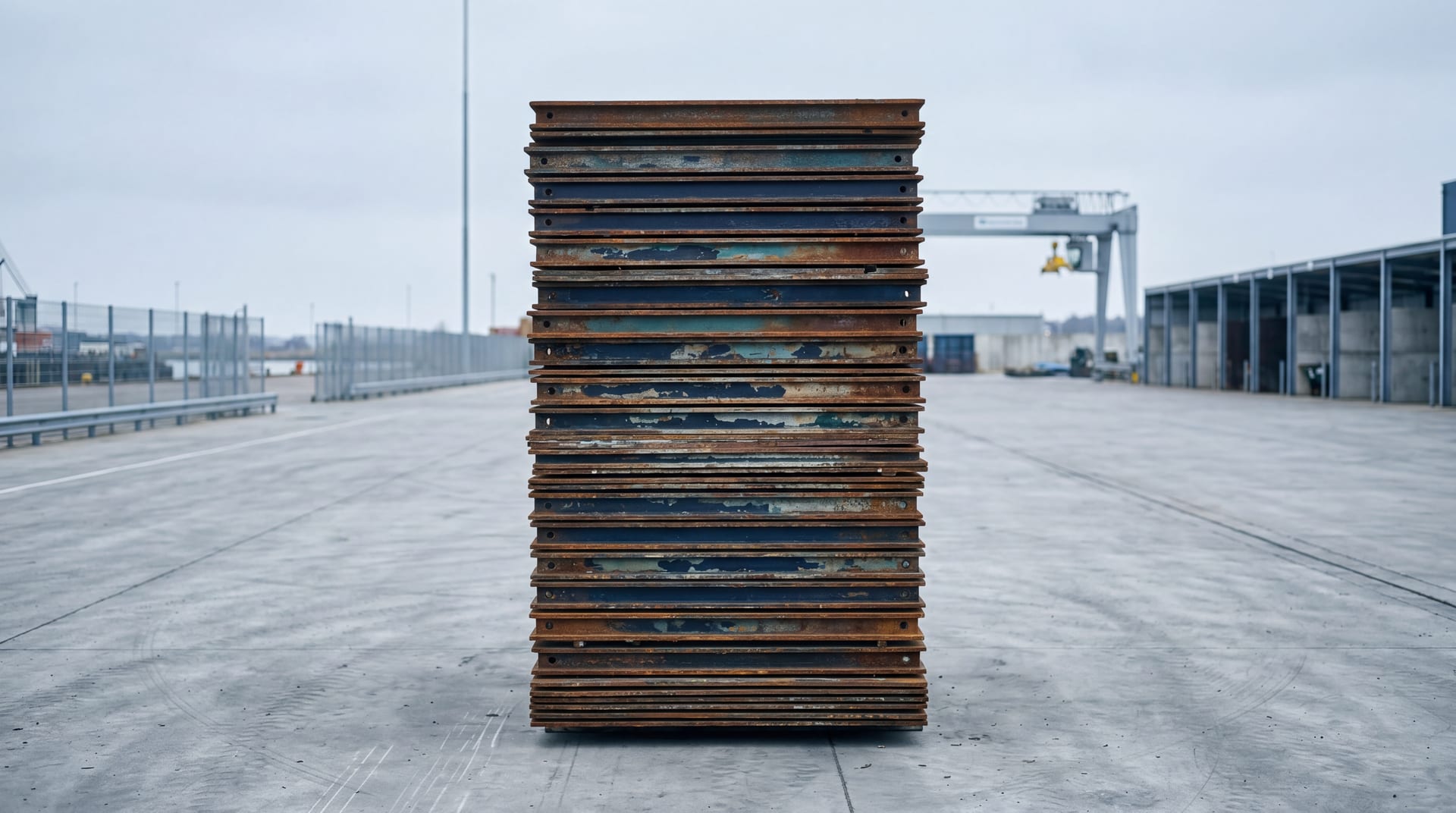 Tall stack of recovered steel hull plates at a modern recycling facility, layered rust and navy paint like geological strata