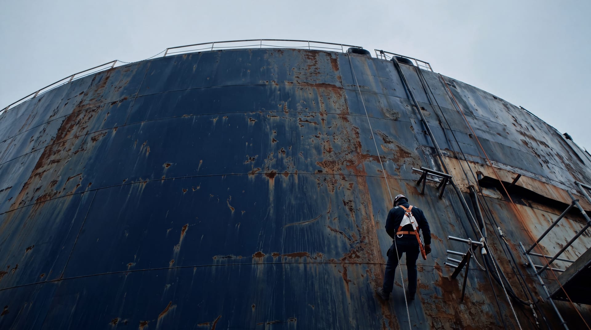 Worker in white safety harness rappelling down the towering side of a partially dismantled vessel, human scale against iron