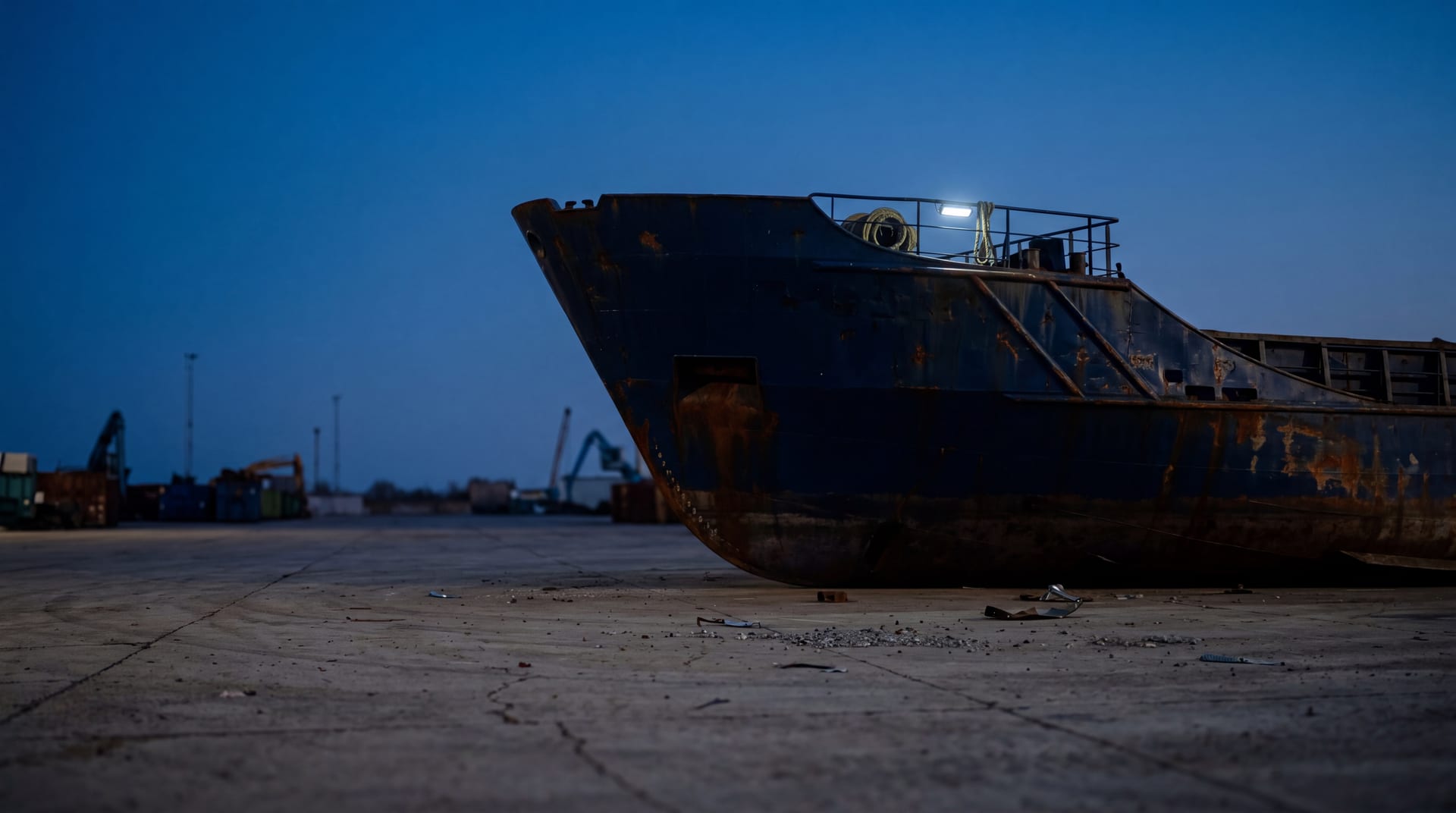 Weathered ship bow standing alone on a concrete recycling yard at blue-hour twilight, the rest of the vessel already gone