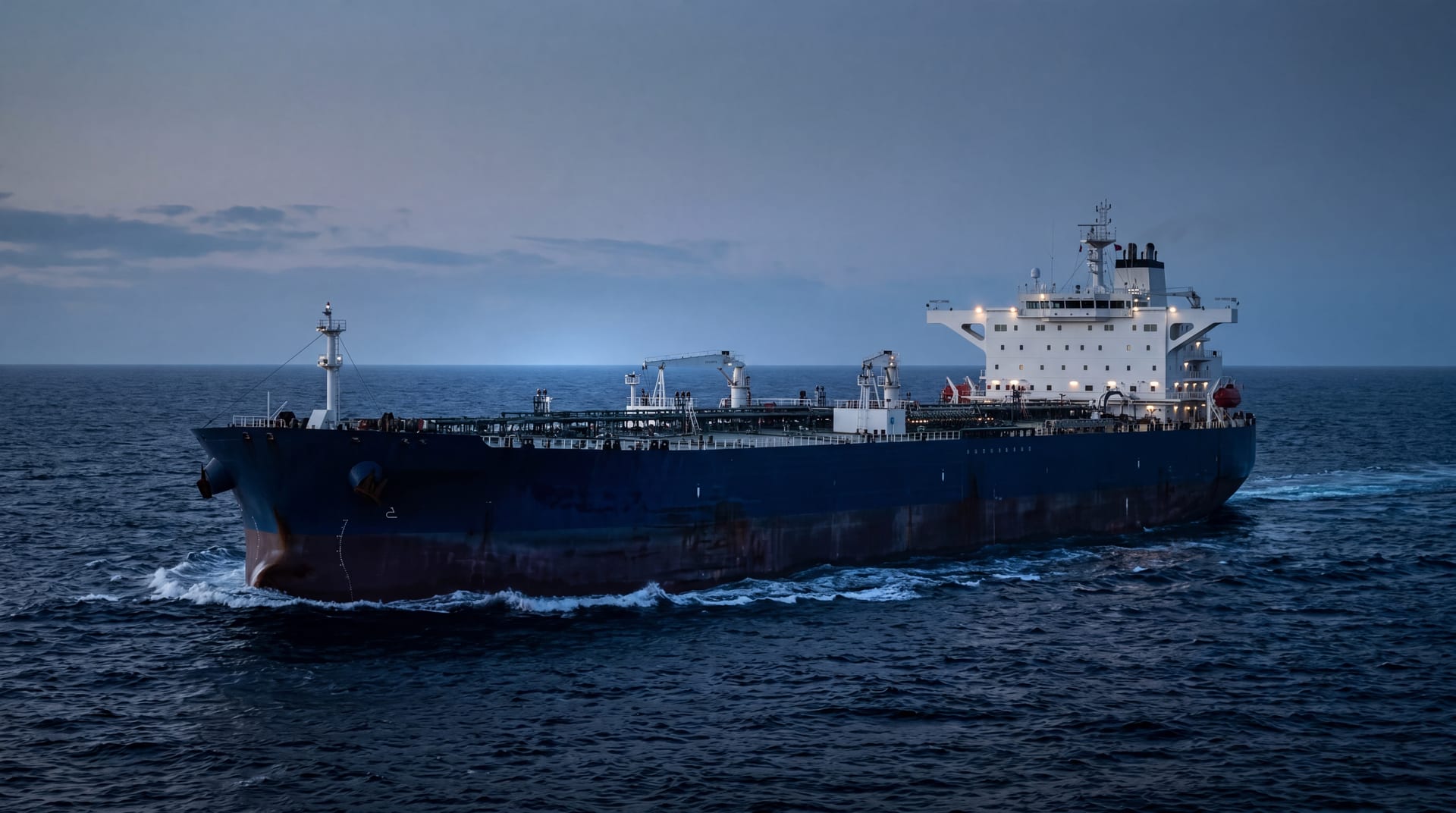 Single VLCC crude oil tanker at sea in cool pre-dawn light, navy hull riding low in the water, white superstructure aft