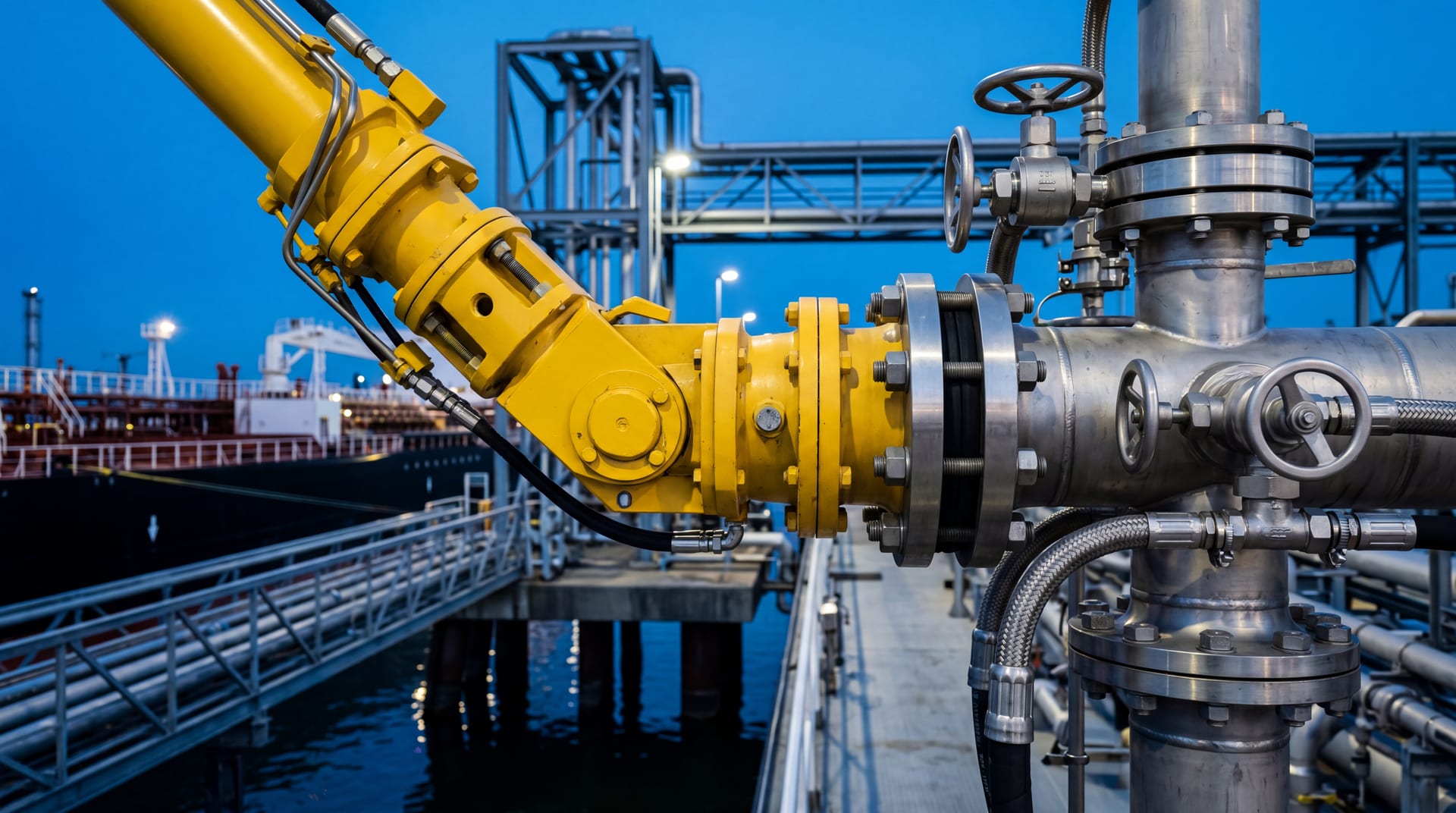 Heavy yellow chiksan loading arm coupling connecting to a tanker manifold at a refinery jetty, brushed-steel valves, cool blue twilight