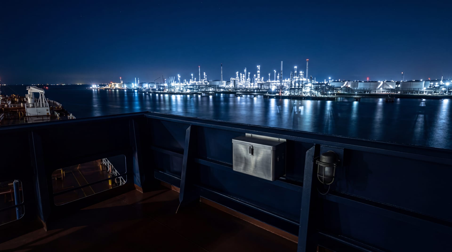 View from a tanker bridge wing at night across dark water toward a distant oil terminal, cool LED port lights glowing against cobalt sky