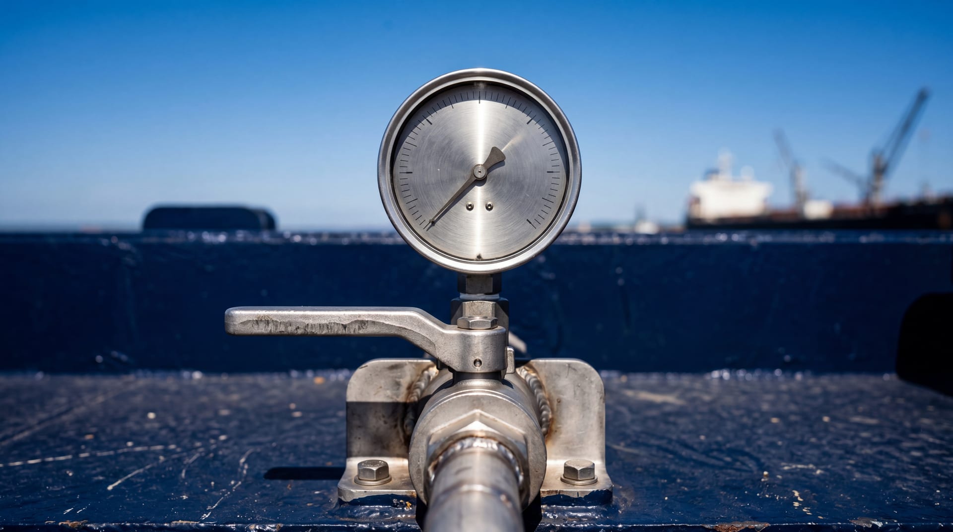 Brushed-steel manifold valve and pressure gauge on a tanker deck under bright midday sun, deep navy painted deck around them
