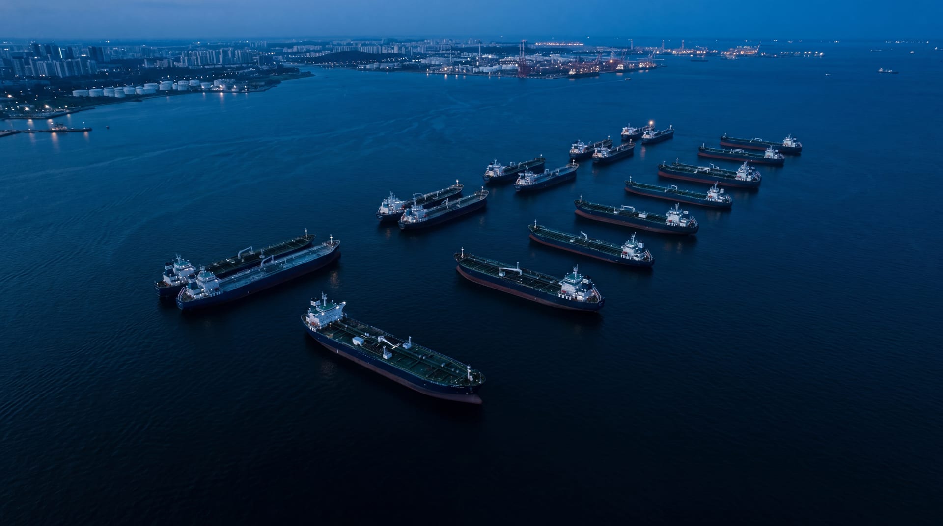 Aerial at blue hour of multiple tankers anchored in geometric formation off a major shipping strait, distant terminal lights on the far shore