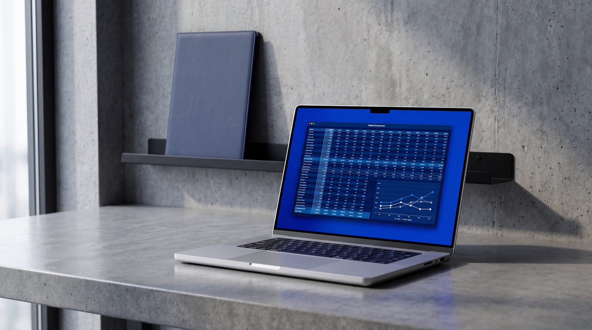 MacBook open on a polished concrete desk showing an abstract vessel comparison spreadsheet, matte navy portfolio behind it
