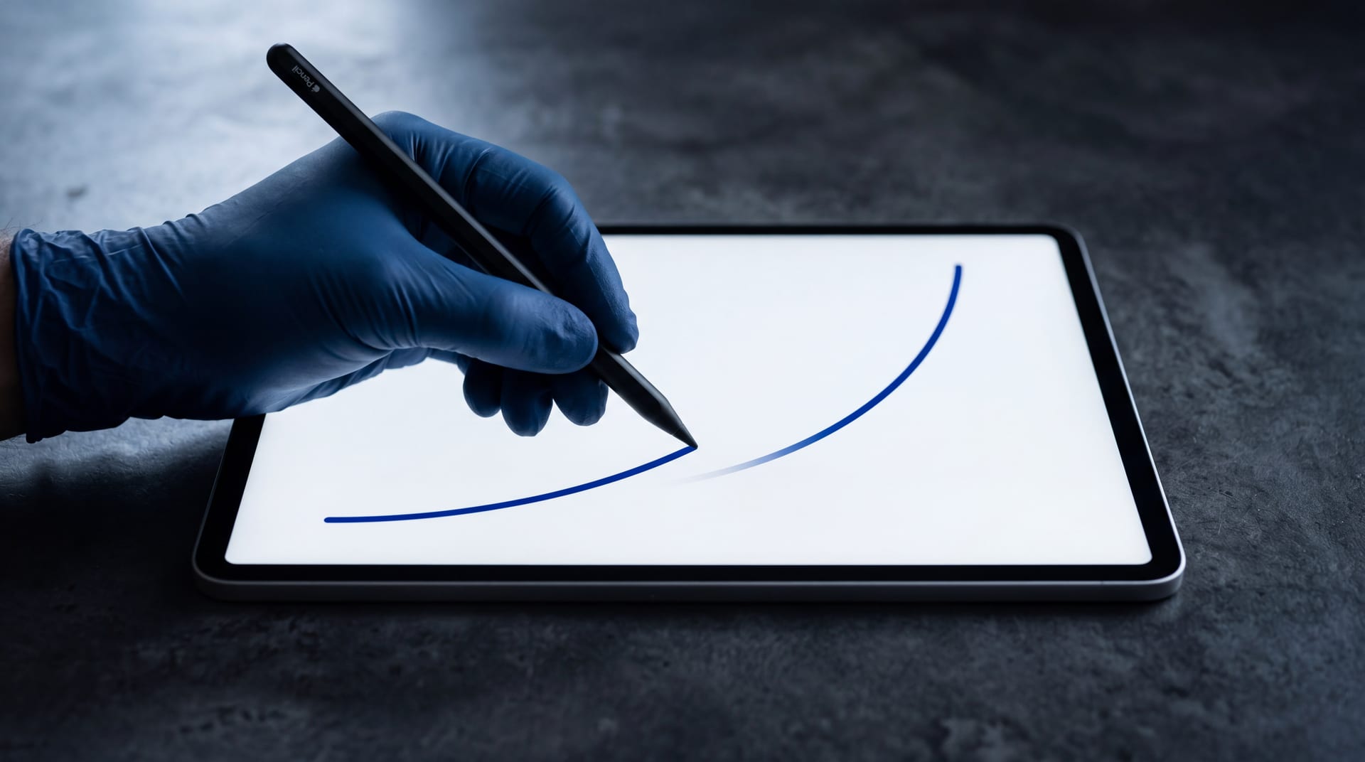 Gloved hand sketching a depreciation curve on an iPad with an Apple Pencil, cobalt ink line on white canvas