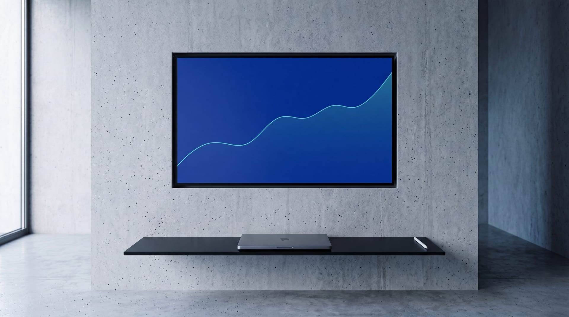 Large 5K reference monitor mounted flush on a polished concrete wall, abstract vessel valuation chart in cobalt and teal