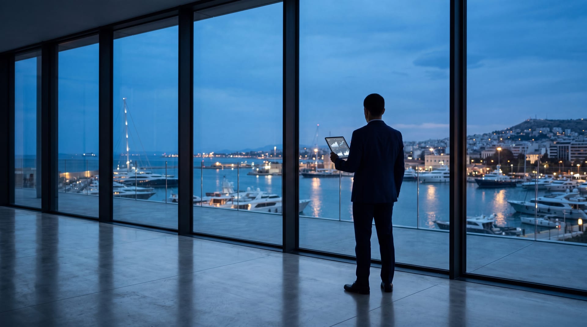 Anonymous figure in dark suit jacket at a floor-to-ceiling glass wall facing the Athens harbour at blue hour, tablet in hand